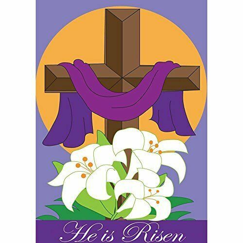 He Is Risen Cross Purple Robe and Easter Lilies 18x13 Small Garden Flag