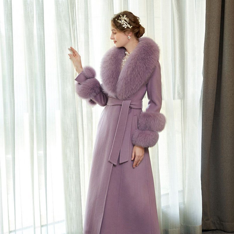 Luxurious Purple Wool Cashmere Trench Coat with Fox Fur Trim for Women