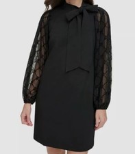 Vince Camuto Women Black -Mesh Flocked Long Sleeve Crepe Dress Petite Size 4P