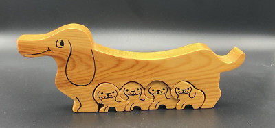 MAMA DACKEL UND WELPEN HOLZPUZZLE AUFSATZ 19X7,5X2 cm VINTAGE 80er