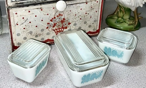 VINTAGE PYREX BUTTERPRINT TURQUOISE 6 PC REFRIGERATOR DISH SET Excel. Condition
