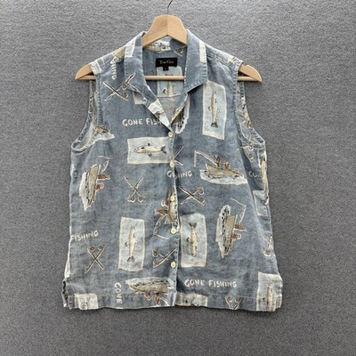 True Grit Shirt Womens Large Blue Linen Gone Fishing Sleeveless Button Up USA