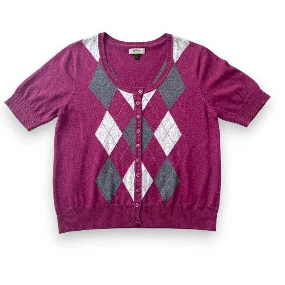 Cardigã suéter feminino Sonoma rosa argyle manga curta com botões 2X - Imagem 2 de 4