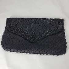 Vintage Black Beaded Evening Bag Clutch Purse Front Snap Elegant Dark Academia