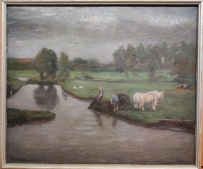 Lasse Winslöv Nielsen (1911-2006): BOYS AND HORSES BY THE RIVER, dated 1942