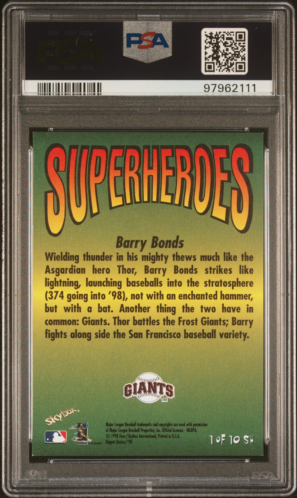 1998 SKYBOX DUGOUT AXCESS SUPERHEROES #1 BARRY BONDS PSA 8 view 2