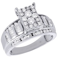 10K White Gold Round & Baguette Genuine Diamond Engagement Ring Ladies 0.90 Ct.
