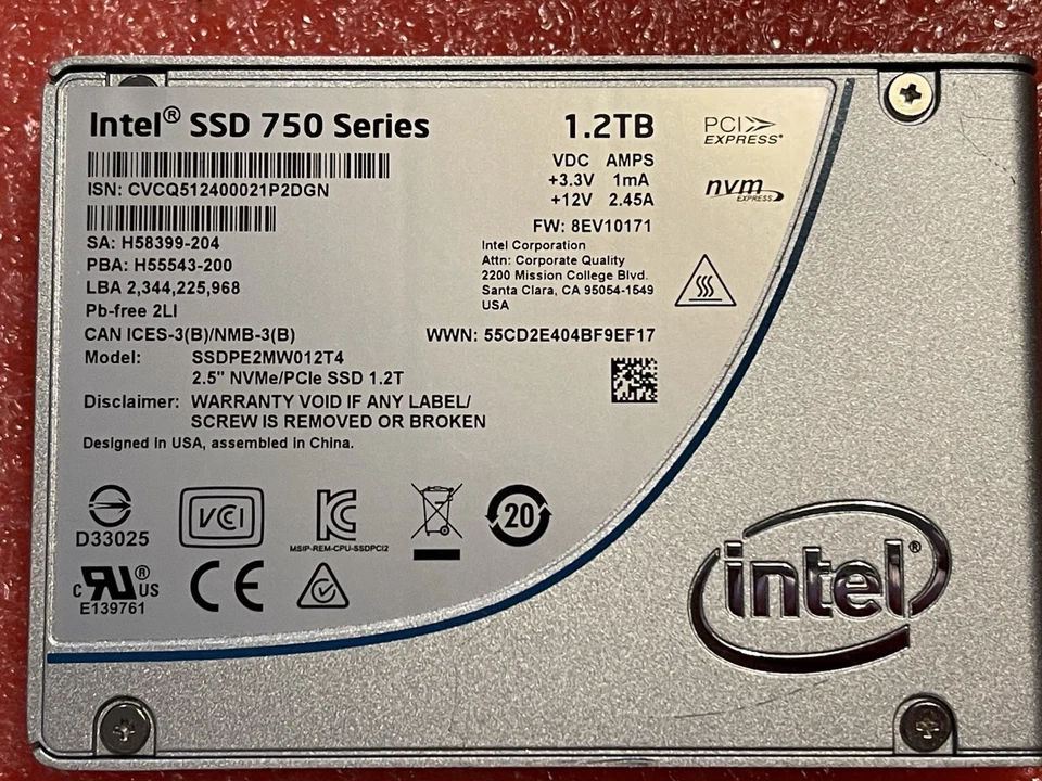 Disco duro 1,2 TB INTEL SSD U.2 750 Nvme Pcie 3,0x4 SSDPE2MW012T4 8EV10171 AMPS Foto 3 de 4