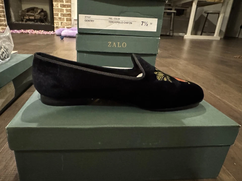 Mocasín Zalo Gentry Terciopelo Chifón Negro Terciopelo Plano Sin Cordones Naranja Verde NUEVO Foto 4 de 4