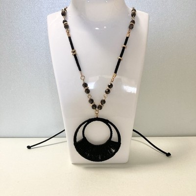 Versano Black Thread Fringe Circle Pendant preloved cord bead Necklace Jewelry