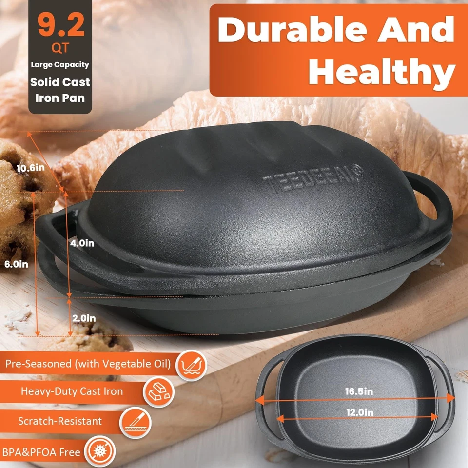 9.2 QT Heavy Duty Pre-seasoned Cast Iron Bread Pan, Large Loaf Dutch Oven wit... - Image 2 of 4