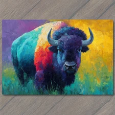 Art Print Bright Bison Standing Grassland Rainbow Buffalo Front View Colorful Bo