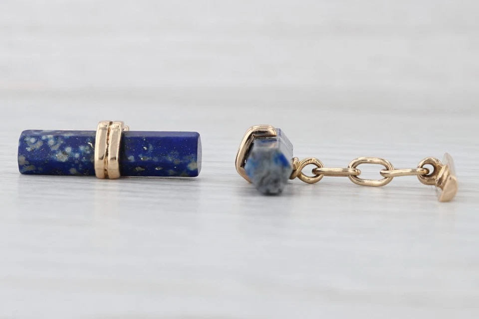 Gemelos de lapislázuli vintage oro amarillo 14k barra de piedra azul accesorio para hombre Foto 2 de 4