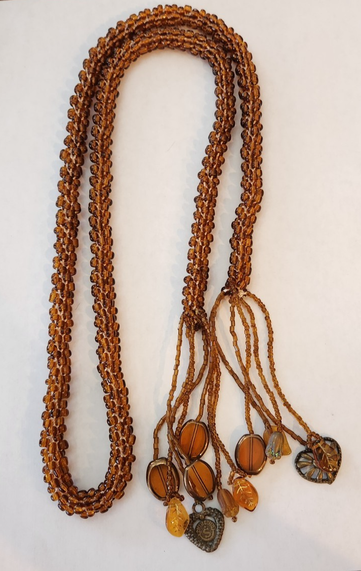Necklace 70s Lariat Amber Brown Glass Rocks Beads Tassel Fringe Rope 36”