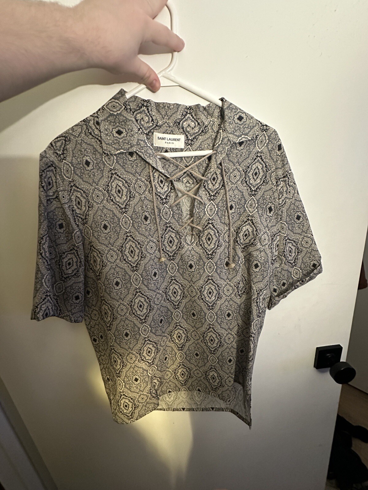 Camicia Saint Laurent uomo camp collare stampata lana maglia SS18 rara taglia 38