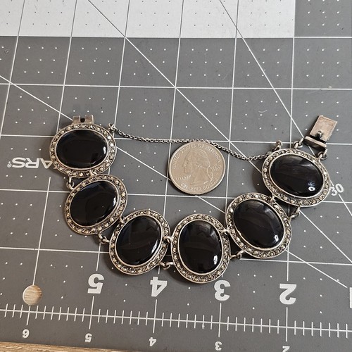 ESTATE ANTIQUE STERLING 925 SILVER MARCASITE ONYX STATEMENT BRACELET 6.5" - 第 11/13 張圖片
