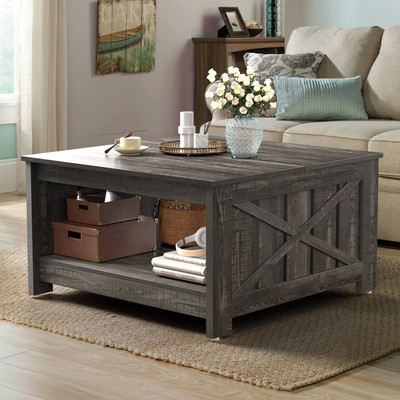 Dexturs Farmhouse Coffee Table with Half Open Storage Compartment, Rustic Gray