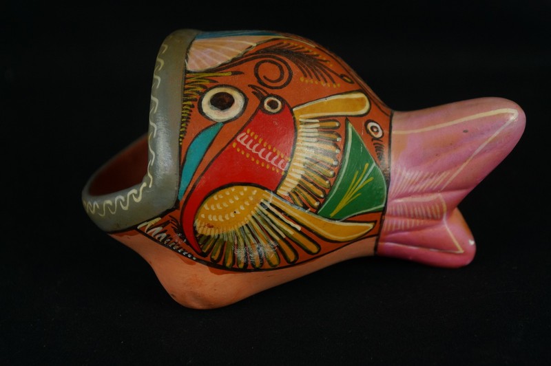 Excellent Vintage Mexican Pottery Fish Jar Bowl 5" 