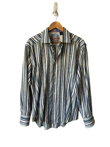 Robert Graham Flip Cuff Striped Long Sleeve Button Front Size L Embroidered