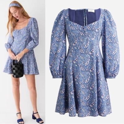 NEW JCREW Women Sweetheart Liberty Blue Floral Milkmaid Mini Dress 6