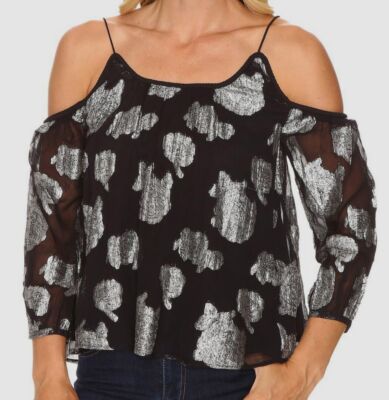 $160 Lucky Brand Women's Black Metallic Chiffon Cold Shoulder Top Blouse Size L