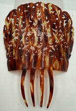 VINTAGE LARGE CELLULOID HAIR COMB FAN SHAPED ORNATE FAUX TORTOISE SHELL