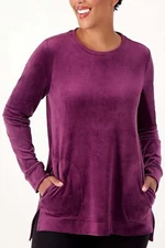 Denim & Co. Printed Velour Pullover with Hi-Low Hem Deep Wine