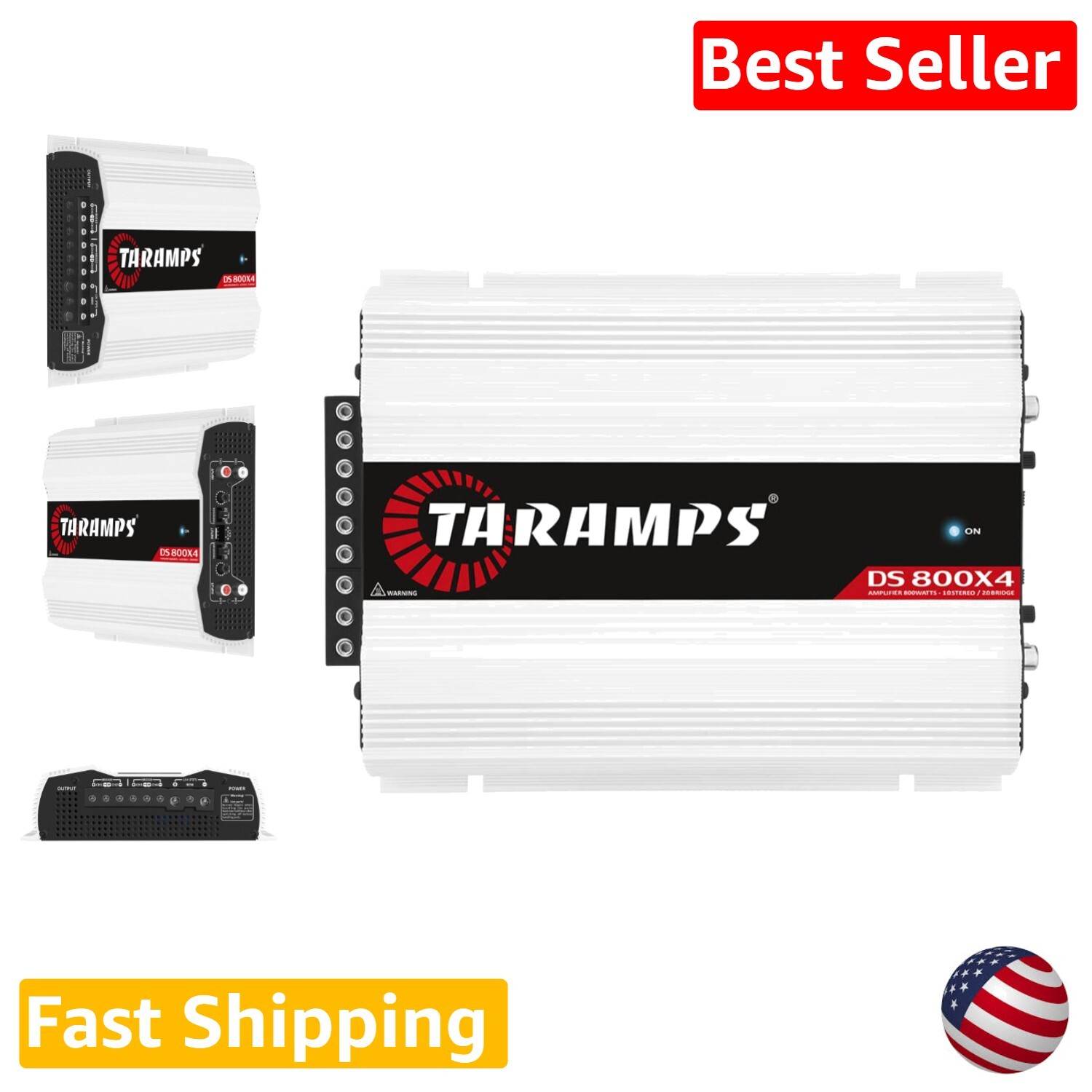 800W 4-Channel Car Audio Amplifier - Full Range, High/Low Pass Crossover, White