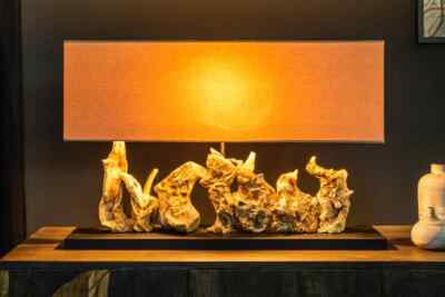 Unique driftwood table lamp PURE UNIQUE 80cm beige with linen shade,free ship