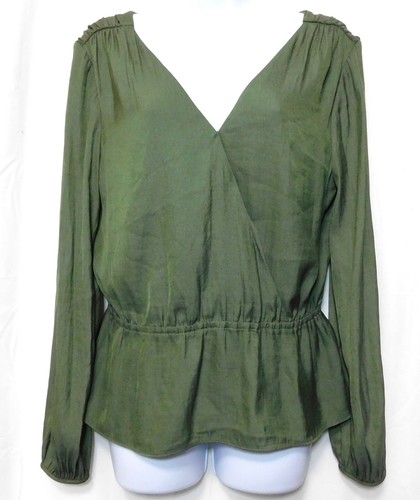 Banana Republic Mock Wrap Silky Satin Top S Long Balloon Sleeve Olive Career NEW - Picture 3 of 7