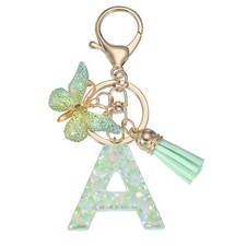 Alphabet Initial Letter Keychain Cute Charm with Tassel Butterfly Letter A Green