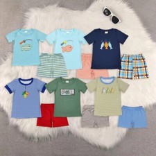 Sibling Baby Boys Summer Embroidery Construction Shorts Outfit