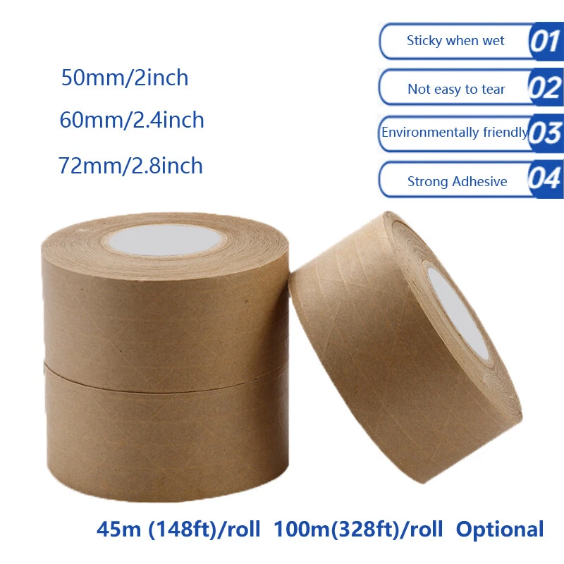 Reinforced Wet Water Kraft Paper Tape Gummed Water Activated Seal Packing  Tape