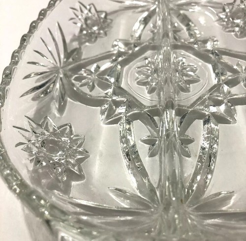 Set of 2 Identical Depression Cut Glass Divided Relish Trays Clear Oval Star - Picture 9 of 14