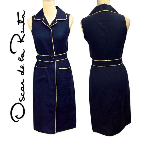 Oscar de la Renta Vintage dunkelblau ärmelloses langes Hemdkleid mit Gürtel Größe 4
