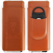 Brown Cigar Case with Cigar Cutter - Portable Leather Travel Cigar Holder Kit fo