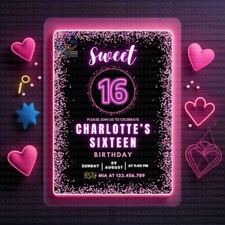 Sweet 16th Birthday Digital Invitation, Neon and Pink 16th Birthday Invitation