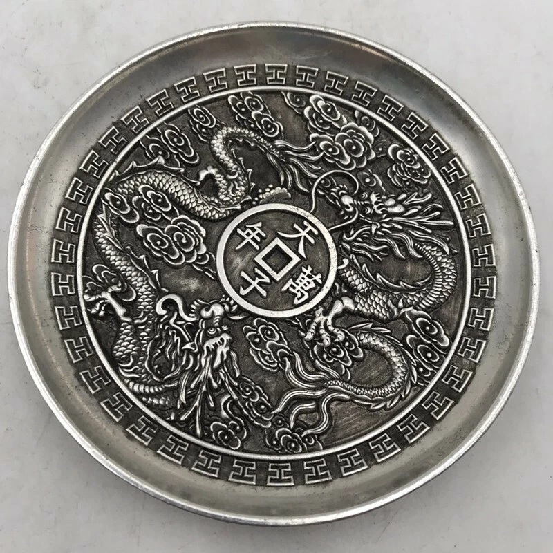 Exquisite Chinese tibet silver handcarved double Dragon plate decoration Foto 3 de 4