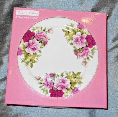 NIB Gracie Bone China Rose Bouquet Dessert Plates-Set of 4 Old English Roses