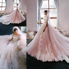 Vintage Modest Pink Ball Gown Church Wedding Dress Lace Tulle Bridal Gown