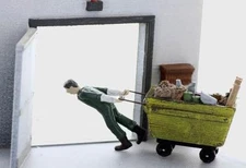 Company Janitor pulling his loaded TRASH BIN, S scale Finished SET