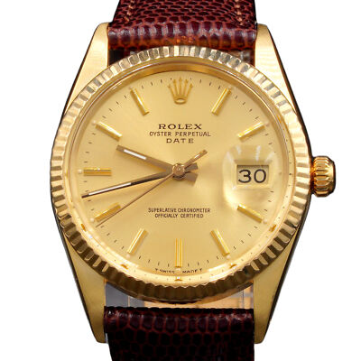 Mens Rolex 14K Yellow Gold Date Watch Gold Champagne Dial Brown Leather 15037