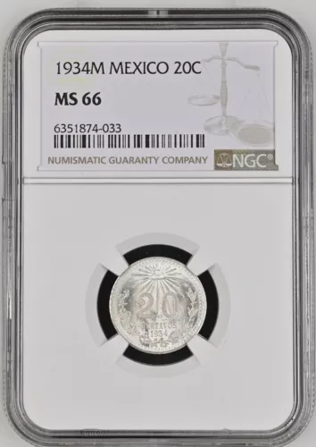 1934M Mexico 20 Centavos NGC MS66 .720 Silver
