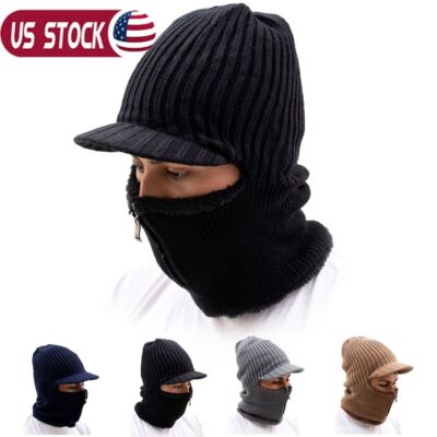 Mens Winter Warm with Brim Cap Hat Knit Visor Beanie Fleece  display picture 3