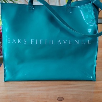 Saks Fifth Avenue Women s Blue Patent Logo Tote Bag Lined Double Handles