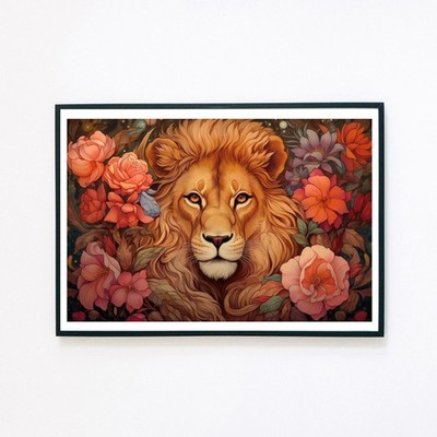 Löwe Blumen Portrait Botanisch Digital Illustration A5 Wanddeko Kunstdruck 