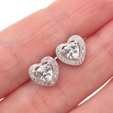 925 Sterling Silver Heart  Round-Cut C Z Stud Earrings