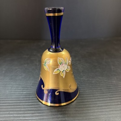 Czech Bohemian Cobalt Blue Glass Bell Gold & Flower Art Glass Handpainted