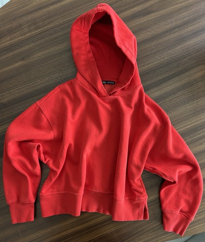 ZARA Red Fleece Hoodie Sweatshirt Pullover Women Size L Large Long Sleeve