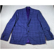 Holland & Sherry Men 52 Blue 2 Button Plaid Wool Sport Coat Blazer Tailored Fit